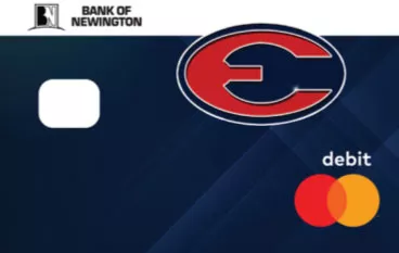 Navy blue debit card with red E school emblem